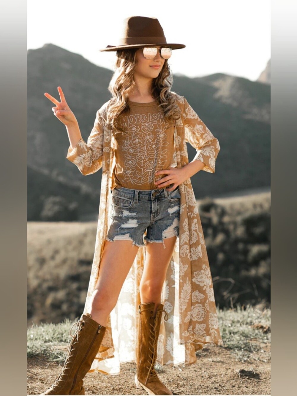 Joyfolie Katherine Duster Girls Toddler Boho Floral Lace Kimono in Tan 3T